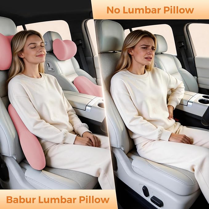 BABUR Lumbar Support Pillow for Car, Ergonomic Memory Foam Support Pillow for Lower Back Pain Relief, Washable Cover, Lumbar Cushion for Driving Seat, Fits Most Cars | Pink