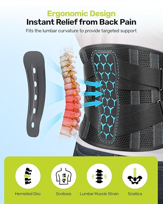 Rakiie Back Brace for Men Lower Back with 7 Stays, Adjustable Knitted Lumbar Support Belt for Pain Relief, Breathable Soft Mesh Design with Lumbar Pad, Ergonomic Back Support Brace for Scoliosis - Size S (Waist: 27.6"-33.5")