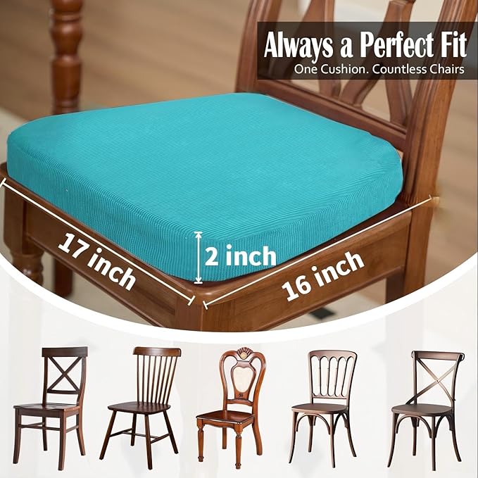 2'' Thick High-Density Foam Indoor Chair Cushions | Dining Chair Pads with Ties, Removable Washable Cover, Kitchen Chair Cushions 17"x16",Turquoise 2 Pack