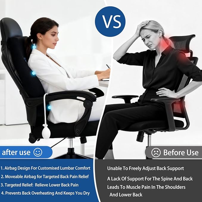Adjustable Airbag Lumbar Support Pillow for Office Chair - Memory Foam Adjustable Firmness Back Cushion Relieves Upper/Lower Back Pain for Sitting Long Hours, Home Office Desk Chair Car/Truck Seat