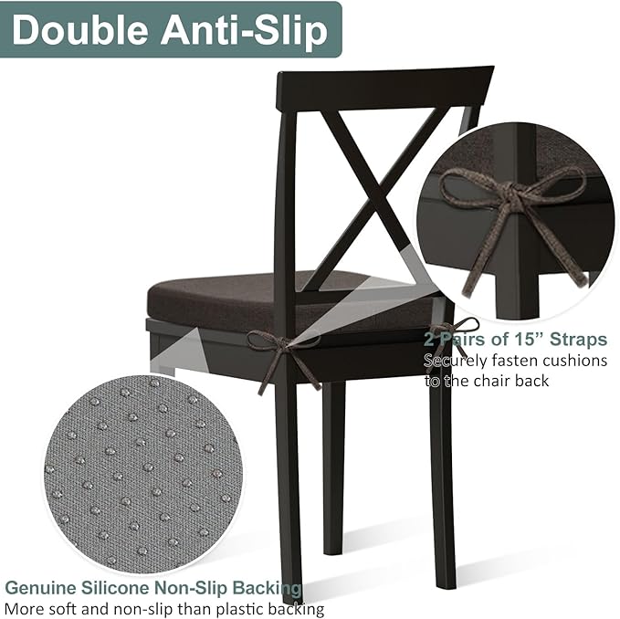 Shinnwa Seat Cushion for Dining Chairs, Patented Design Memory Foam Dining Chair Pad with Ties and Washable Cover, 17" x 16" x 2", Dark Brown