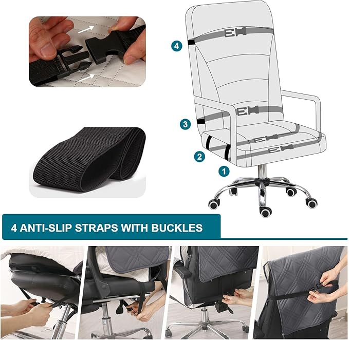 Turquoize Waterproof Office Chair Cover with Armrest Covers Gray Computer Desk Chair Cover Protector with Arms Soft Durable Office Chair Seat Slipcover with Anti-Slip Buckle for Home Office, Gray