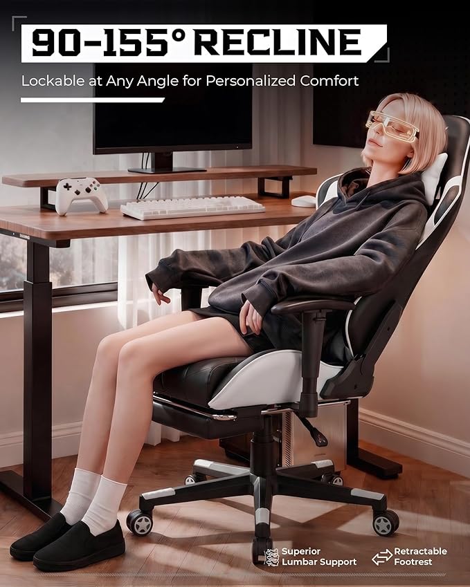 GTPLAYER Gaming Chair, Big and Tall Video Game Chair with High Back PU Leather, Home Office Ergonomic Computer Chair with Footrest, Adjustable Height, 360° Swivel Wheels for Adults and Teens