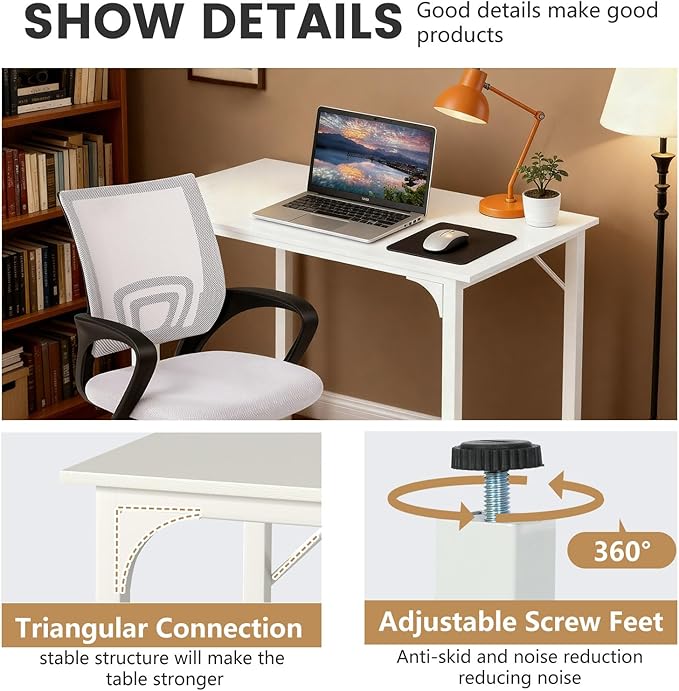 PayLessHere 32 Inch Home Office Desk and Chair Set,32 Inch Computer Desk with Ergonomic Height Adjustable Office Chair for Home Office,White & White