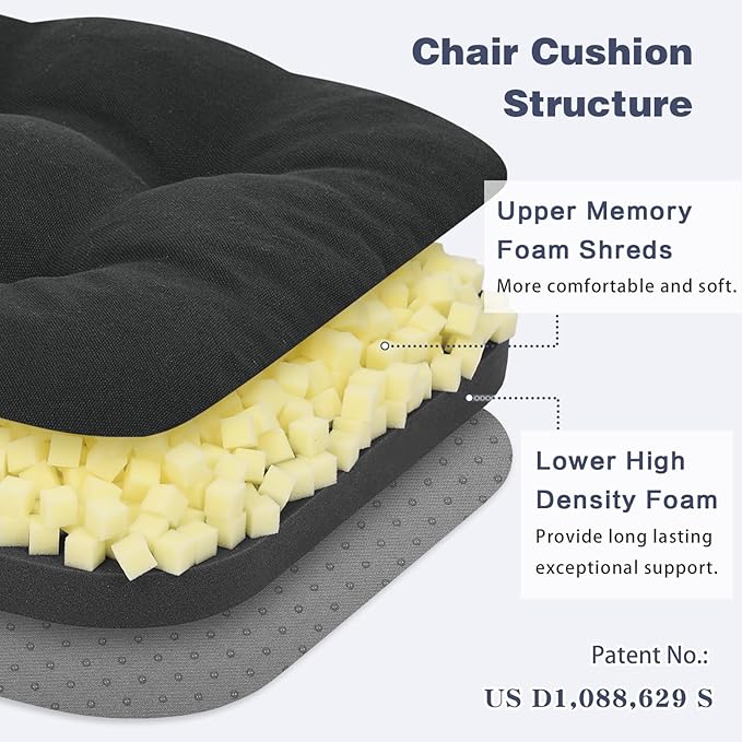 baibu Set of 2 Dining Chair Cushions, Dual-Layer Patent Design Memory Foam Kitchen Chair Cushions, Non-Slip Seat Pads with Ties, 16.5 x 16.5 x 3.5in, 2 Pack, Pure Black