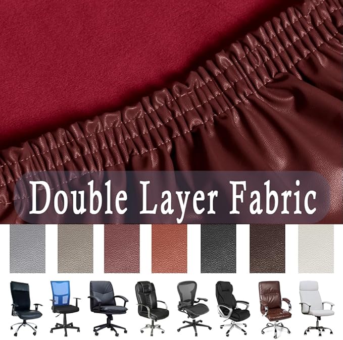 ITFRO Waterproof Office Chair Cover with Armrest Covers Red Wine PU Leather Computer Desk Chair Cover with Zipper Universal Rotating Gaming Chair Slipcover High Back Chair Seat Protector (Red Wine)