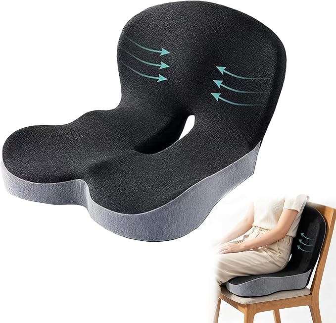 Orthopedic Cushion, Memory Foam Seat Cushion for Pressure Relief, Tailbone & Hip Support, Non-Slip Ergonomic Cushion for Long Sitting, Office Car Gaming Chair(A-Black Grey)