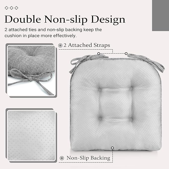 Wellsin Chair Cushions for Dining Chairs, Non-Slip Kitchen Chair Pads with Ties, Tufted Shredded Foam Kitchen Chair Cushions Set of 4, 15.5" X 15.5", Light Gray