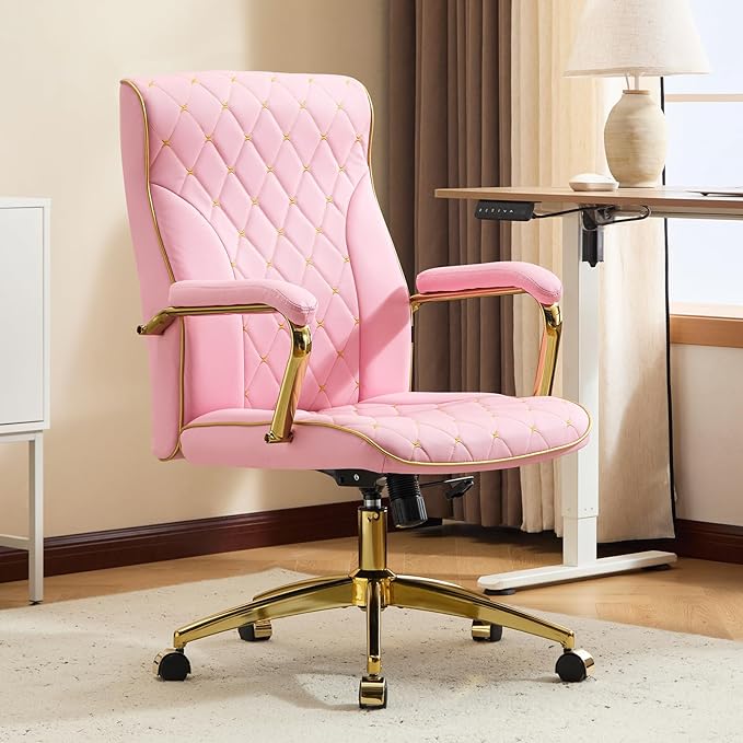 Furniliving Pink and Gold Office Chair, Leather Office Chairs, Adjustable Vanity Chair with Golden Legs and Padded Armrest, Modern Upholstered Computer Chair with Wheels,Pink