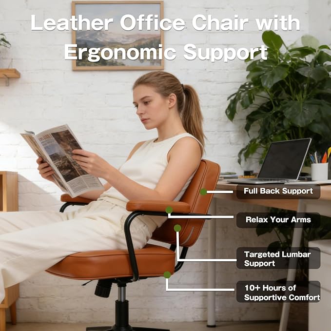 Ergonomic Office Chair, PU Leather Executive Desk Chair with Fixed Armrests, Adjustable Height, Rocking Function, 360° Swivel Rolling Wheels （Brown）