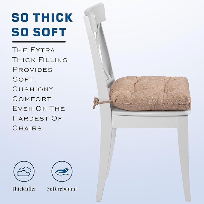 SQUARE MOON D-Shaped 3" Thick Chair Cushions, Chair Pads for Dining Chairs and Kitchen Chairs, Indoor Dining Room Seat Cushions with Ties, Machine Washable, 17" x 16" x 3", 4/Pack, Light Coffee