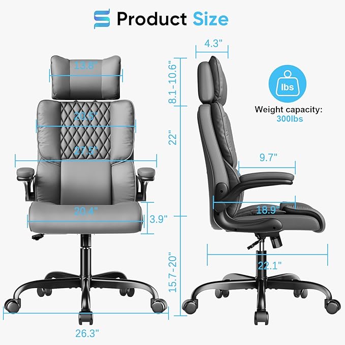 Sytas Ergonomic Office Chair with Adjustable Headrest, Executive Leather Desk Chair with Upgraded Lumbar Support for Lower Back Pain Relief, Thickened Backrest Computer Chair for Home Office, Gray