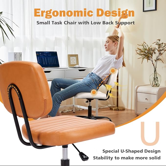 Sweetcrispy Small Office Desk Chair - Armless PU Leather with Comfy Lumbar Support, Height Adjustable Rolling Swivel Task for No Arms, for Adult, Student, Bedroom, Home, Vanity, Brown