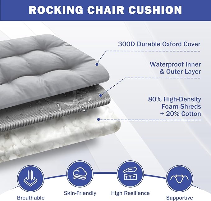 IPYNBAP Rocking Chair Cushion, Waterproof and Fade-Resistant Patio Chair Cushions, Tufted Chair Pads for Rocker Furniture, 18x18 Inch, Indoor/Outdoor Seat Cushions with Ties, Light Grey
