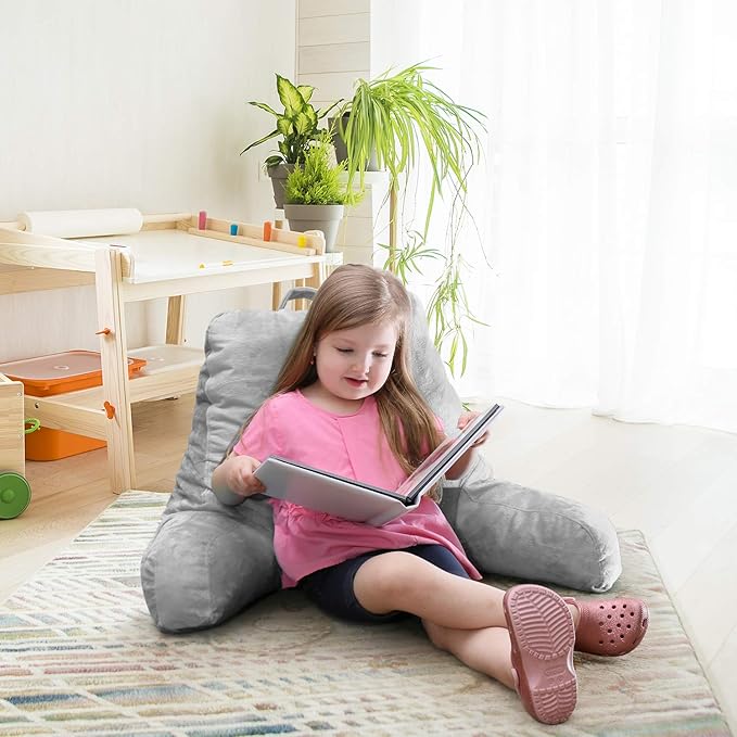 Clara Clark Reading Pillow for Kids & Teens with Shredded Memory Foam, Backrest Pillows for Reading, Watching, and Gaming, Use on The Couch, Bed, or Floor Adjustable Support, Washable Cover Light Grey