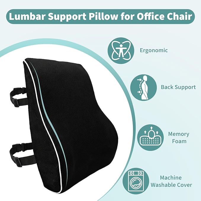 Lumbar Support Pillow for Office Chair, Back Support Pillow for Chair, Ergonomic Memory Foam Back Support Cushion, with Breathable and Washable Ventilated Mesh Cover, Ideal for Office Chairs