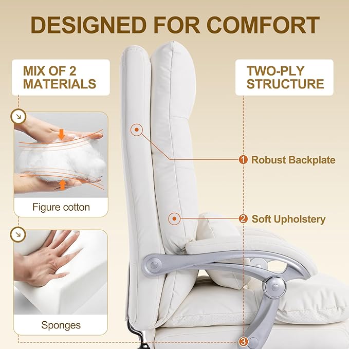Office Chair with Foot Rest - High Back Executive Chair with Padded Linkage Armrests, Reclining Desk Chair with Wheels, Comfy Chair with Double Thick Cushion (Cream White)