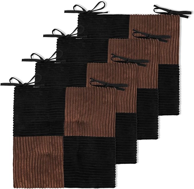 Office Stacking Chair Cushions 4 Pack, Corduroy High Density Foam Kitchen Seat Cushions with Ties, Square 17" x 17" Indoor Non-Slip Dining Chair Pads, Black+ Brown, 4pcs