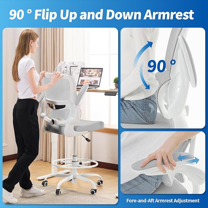 TRALT Drafting Chair - Tall Office Chair with Adjustable Footrest Ring and Lumbar Support Ergonomic Tall Desk Chair - Mesh Stangding Desk Chair with Flip-Up Armrests for Home and Work (Grey)