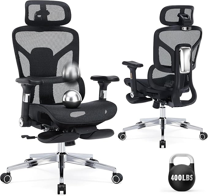 Ergonomic Office Chair with Footrest - 400lbs Heavy Duty Mesh Desk Chair, 5D Armrests, 3D Lumbar, 5 Level Backrest, Adjustable Headrest, Reclining High Back Swivel Chairs for Home Office