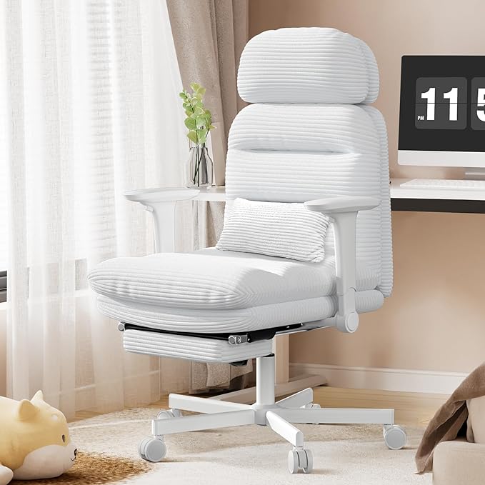 GXJ Criss Cross Chair with Flip-up Arms, Executive Office Chair with Foot Rest, Swivel Cross Legged Office Chair with Lumbar Pillow&Headrest, Corduroy Comfy Computer Desk Chair for Home, White