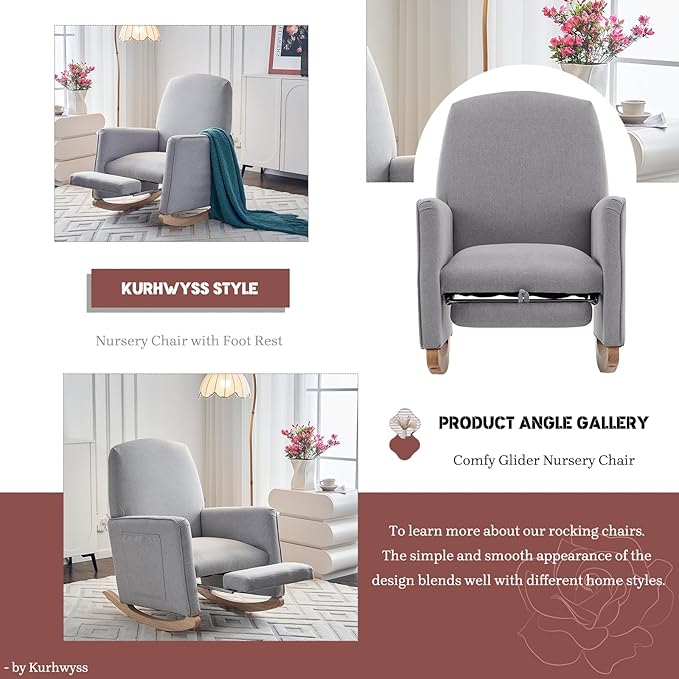 Modern Rocking Chair Nursery, Comfy Glider Nursery Chair with Foot Rest, Upholstered Rocker with Pocket, Accent Reading Armchair with Solid Wood Base for Living Room, Bedroom, Lounge Room (Light Gray)