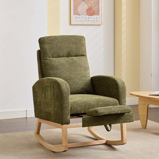 40" Fabric Nursing Rocking Chair, Nursery Chairs with Adjustable Foot Rest, High Backrest Upholstered Arm Chair with Side Pockets, Wood Rocking Chair for Living Room, Bedroom, Baby Room (Cyan)