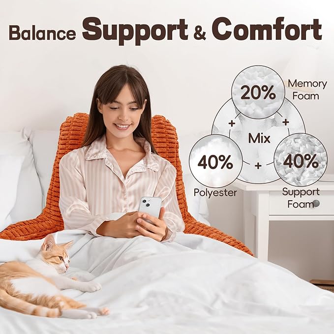 21" Higher Large Reading Pillow for Bed Adult, Back Pillow for Bed Sitting Up with Memory Foam Back Support with Arms Rest for Couch Chair Caramel