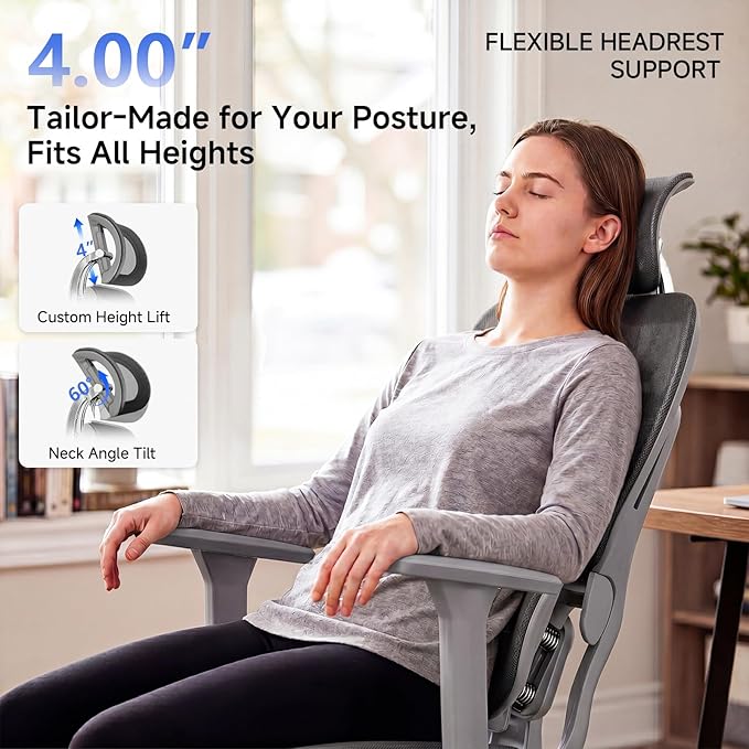 Ergonomic Office Chair with Footrest, 4D Armrests & Dynamic Lumbar Support, High Back Mesh Desk Chair with Adjustable Headrest, Reclining Computer Chair 380lbs for Long Hours (Grey)