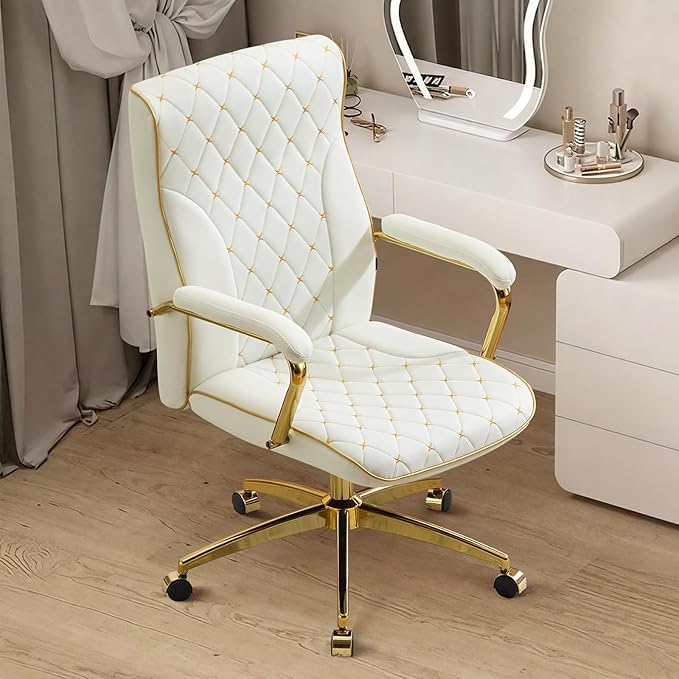 Furniliving White and Gold Office Chair, Leather Office Chairs, Adjustable Vanity Chair with Golden Legs and Padded Armrest, Modern Upholstered Computer Chair with Wheels,White