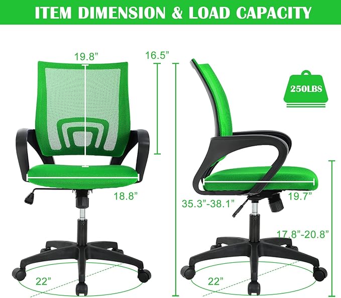 Office Chair, Desk Chair with Lumbar Support Arms, Adjustable Computer Chair with Breathable Mesh Backrest, Home Office Desk Chairs for Student, Adults, Study, Dorm, Comfortable Office Chair(Green)