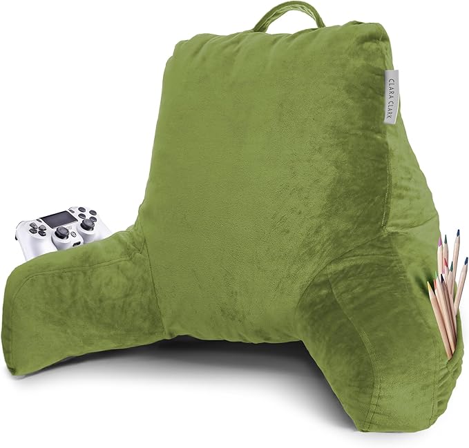 Clara Clark Reading Pillow with Shredded Memory Foam for Sitting Up in Bed and Couch, Back and Arms Adjustable Support for Adults & Teens Backrest Pillows for Reading, with Washable Cover Calla Green