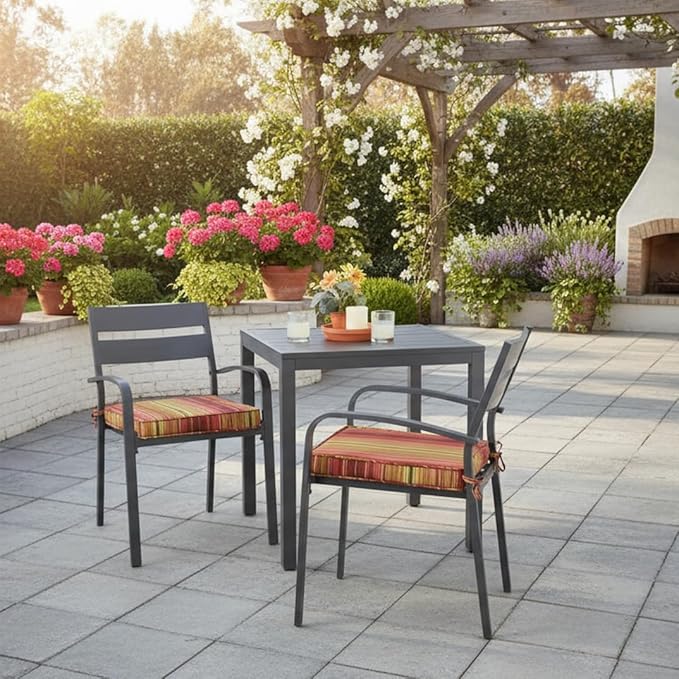 Outdoor 18 inch Square Patio Dining Chair Pads – Comfortable Fiber-Filled Seat Cushions with Ties, Reversible Polyester Fabric - Kinnabari Stripe, Set of 2