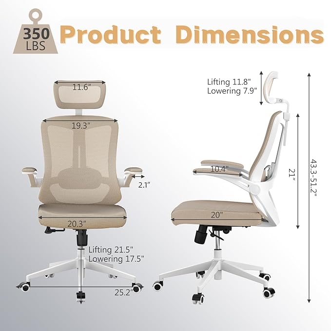 Ergonomic Office Chair - 350LB Comfy Desk Chairs with Adjustable Headrest and Lumbar Back Support, Mesh Computer Chairs with Wheels and Arms for Home Office, Study (Khaki-with Headrest)