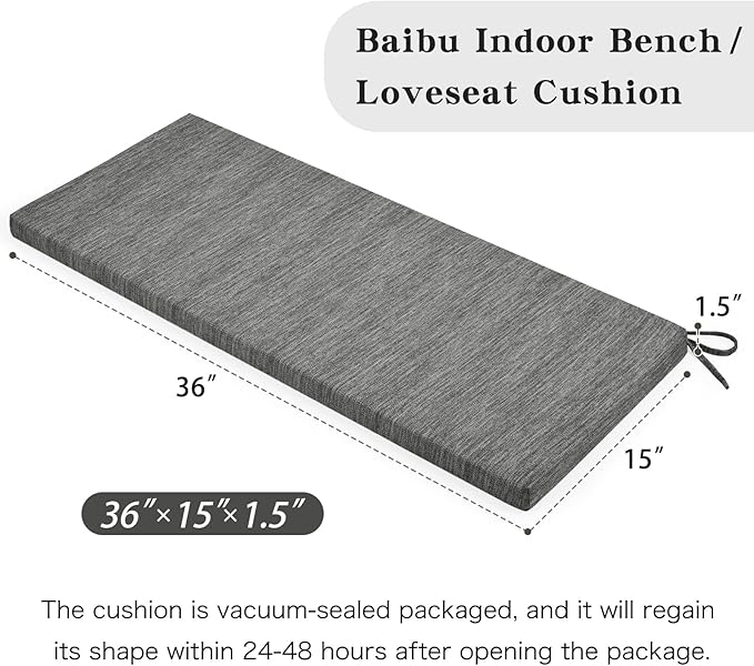 baibu 36 Inch Classic Solid Color Bench Cushion with Ties, Non-Slip Indoor Outdoor Rectangle Bench Seat Cushion Standard Size Foam Pad with Machine Washable Cover (Grey, 36x15x1.5in)