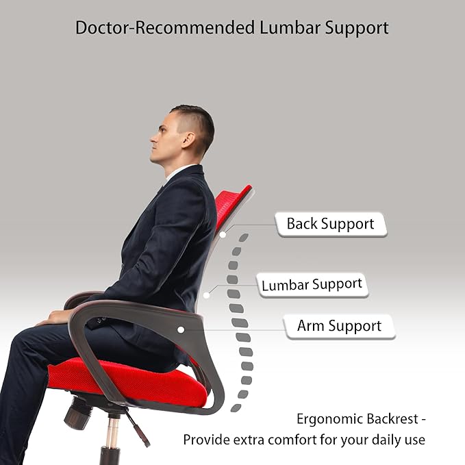 Mid-Back Ergonomic Office Chair - Supportive Mesh Computer Chair with Armrest, Adjustable Height, Swivel & Lumbar Support, Metal Base, Red