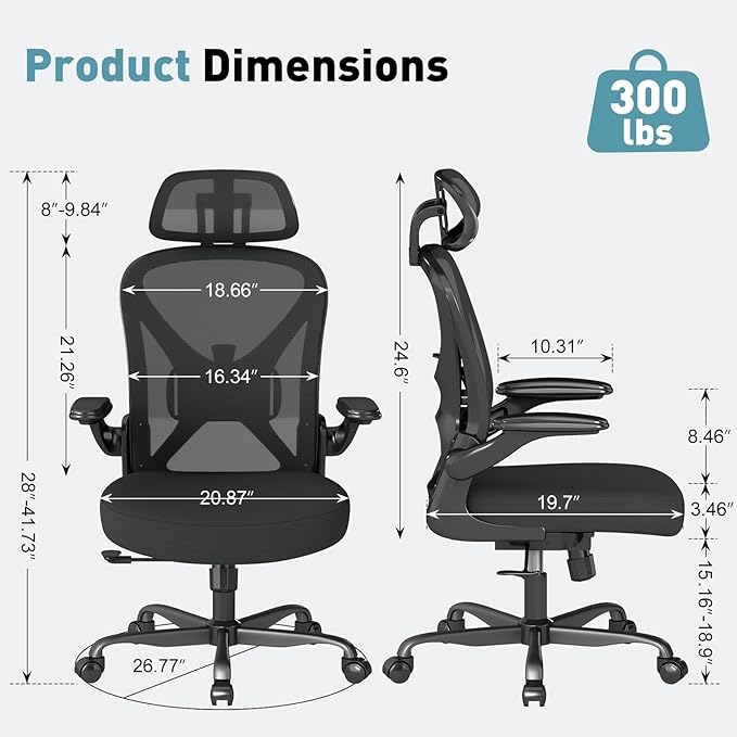 Ergonomic Mesh Office Chair, Home Computer Chair with Flip-Up Armrests, Adjustable Lumbar Support and Headrest, Height Adjustment, Smooth Casters, and 360° Swivel, 2PC, Black