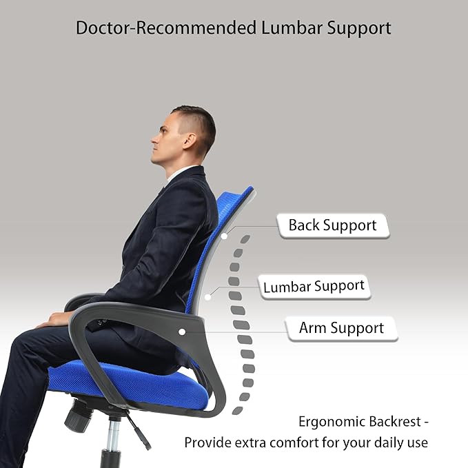 All-Day Comfort Office Chair - Breathable Mesh with Lumbar Support & Adjustable Height, Metal Base, Blue