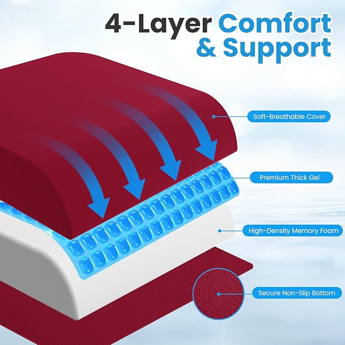 Wheelchair Seat Cushion for Pressure Relief, Cooling Gel Memory Foam Chair Cushion with Slope-Edge Design, Coccyx Support for Tailbone Pain, Non-Slip, for Wheelchairs, Office Chairs & Car Seats, Red