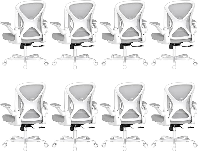 Ergonomic Mesh Office Chair, Computer Chair with Flip-Up Armrests, Adjustable Lumbar Support, Height Adjustable, Smooth Casters, and 360° Swivel, 8PC, Grey