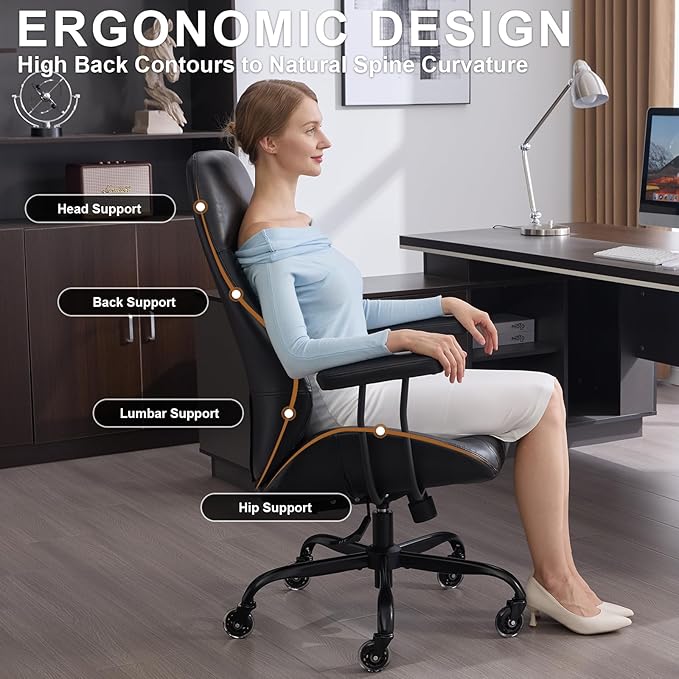 E-Motie Office Chair with Rubber Wheels, Ergonomic Computer Chair 500 lbs, Leather Desk Chair with Lumbar Support, Executive Chair Adjustable Height & Recline, Black