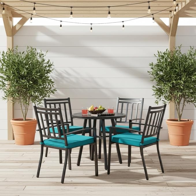 Outdoor 18 inch Square Patio Dining Chair Pads – Comfortable Fiber-Filled Seat Cushions with Ties, Reversible Polyester Fabric - Peacock, Set of 4