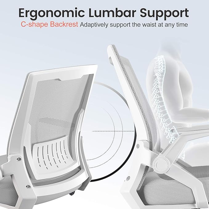 COMHOMA Office Chair with Flip-up Armrests Ergonomic Computer Desk Chair with Adaptive Lumbar Support & Breathable Mesh, Gray
