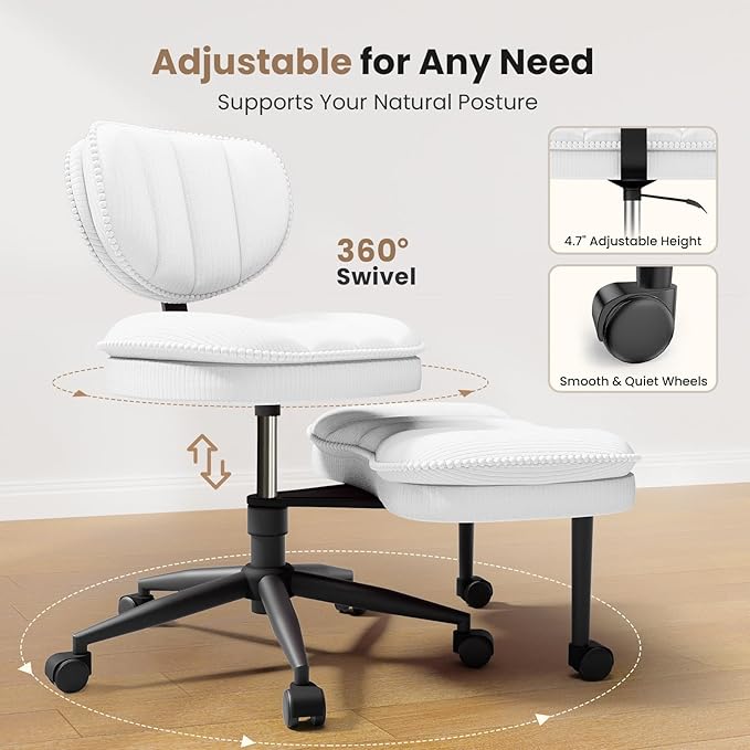 HOMRELEXA Cross Legged Office Chair, Ergonomic Cloud Criss Cross Desk Chair, Meditation Chair with Wheels, Height Adjustable Seat for ADHD, Wide Kneeling Chair with Back Support, Corduroy Fabric,White