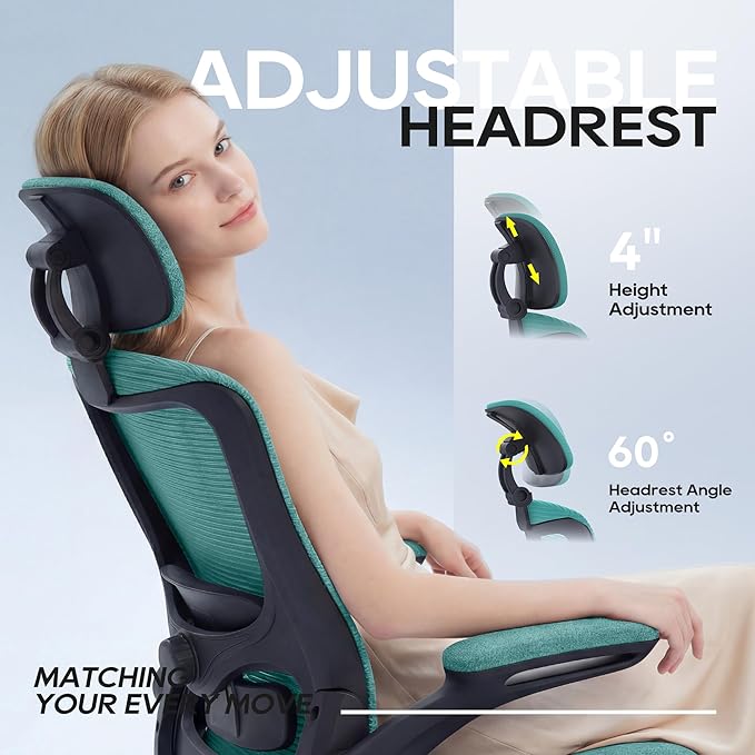 Office Chair, Ergonomic Mesh Desk Chair with Adjustable Lumbar Support and Headrest, Flip-up Armrests, High Back Computer Task Chair for Home and Executive Office (B-All Green)