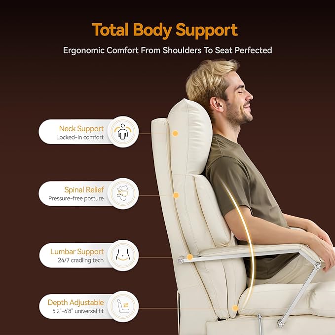 OKUP® M76 Recline Office Chair with Footrest, 160° Infinite Reclining 10" Thick Executive Desk Chair, 420lb Heavy Duty Big and Tall, Adjustable Seat Depth, Cream