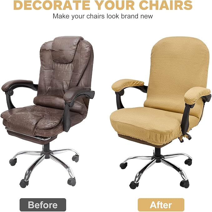 NeColorLife Stretchable Office Chair Cover with Armrest Covers - Thick Checked Jacquard High Back Desk Chair Slipcover for Rotating Chairs (Large Size, Camel)