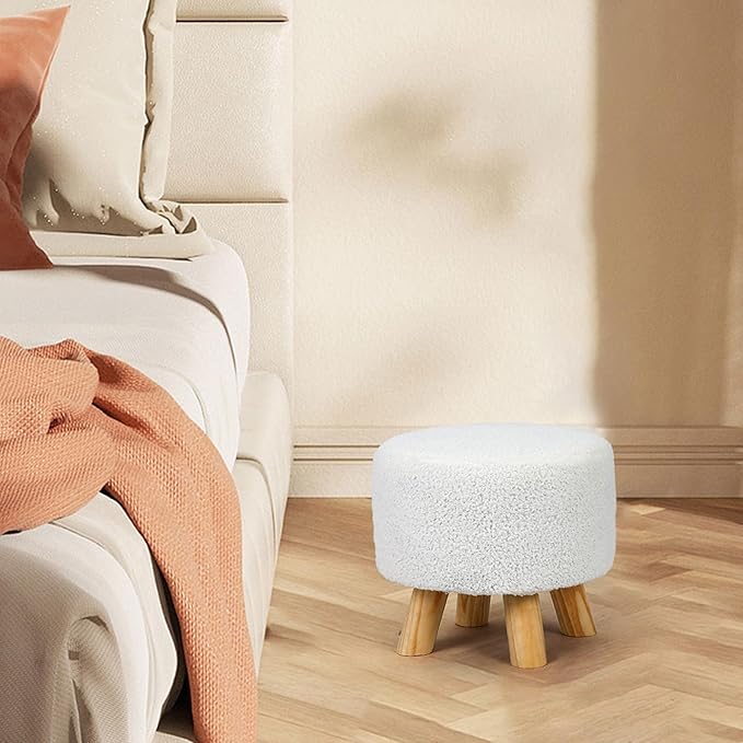 Homebeez Round Ottoman Stool Fabric Foot Rest, Faux Fur Small Footstool with Non-Skid Legs (Teddy White)