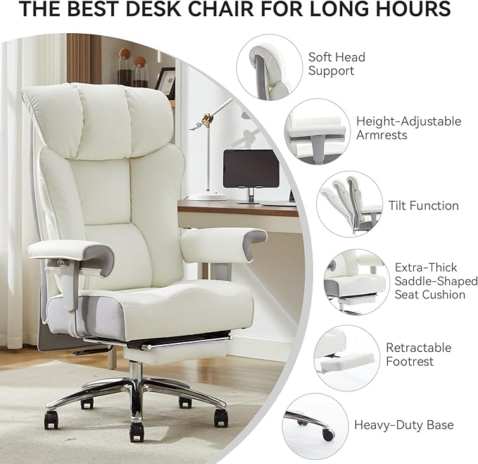 Efomao Big and Tall Office Chair 400lbs - Heavy Duty Executive Desk Chair with Foot Rest & 23" Wide Seat - High Back Ergonomic Leather Computer Chair for Heavy People, Home Office, White
