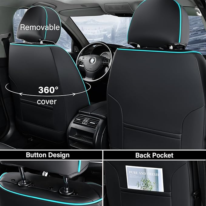 Coverado Car Seat Covers Full Set, 5 Piece Car Seat Protector with Lumbar Support & Removable Headrest, Breathable Leather Front Rear Seat Cushion Universal Fit for Truck Automotive Black & Blue